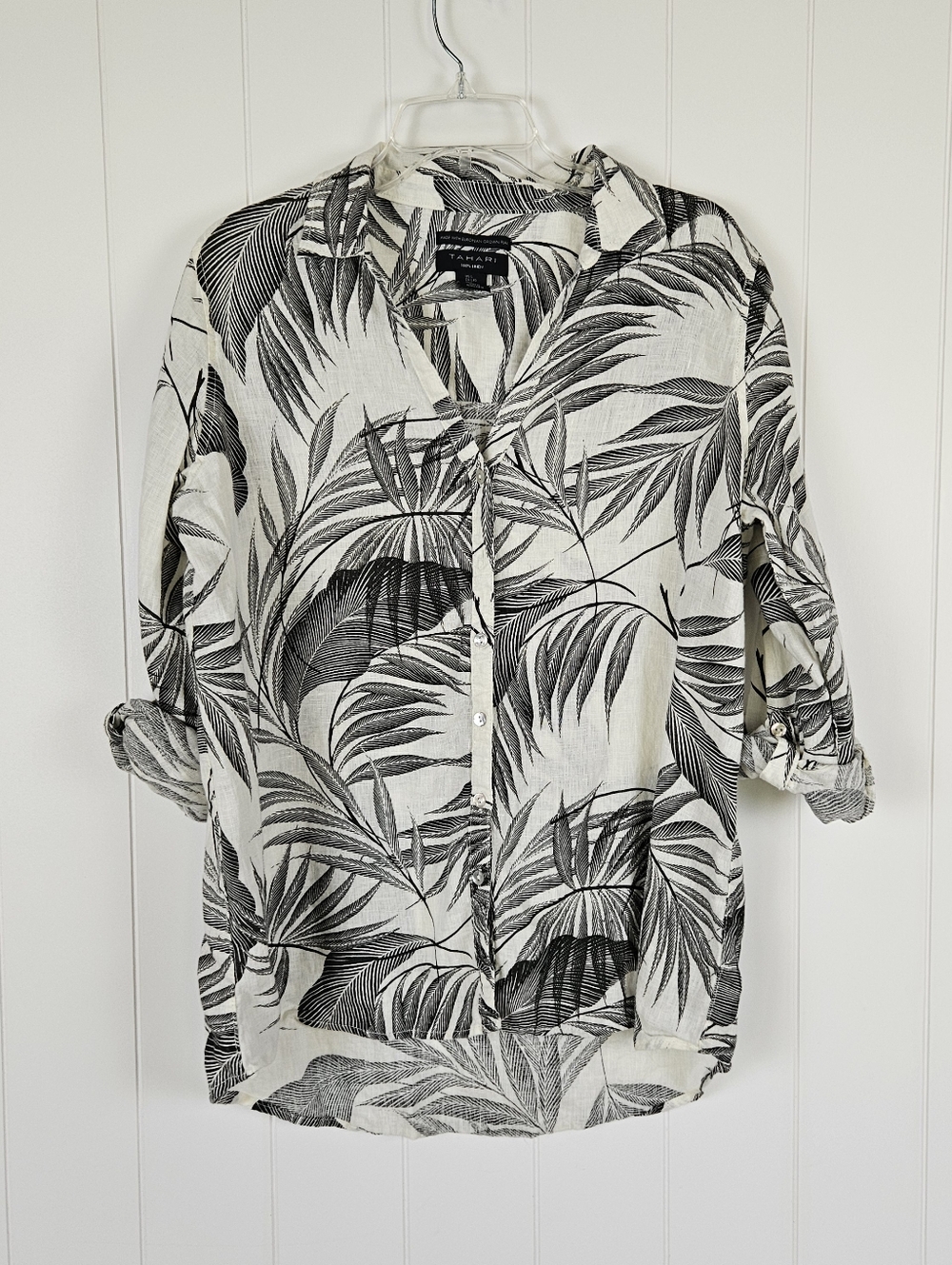 Tahari Linen Tunic Womens L Ecru Lagenlook Relaxed Button Down Shirt Oversized